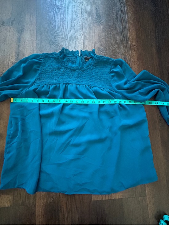 Ann Taylor Teal Smocked Blouse XL Ruffle Neck Long Sleeve Top - Picture 8 of 9